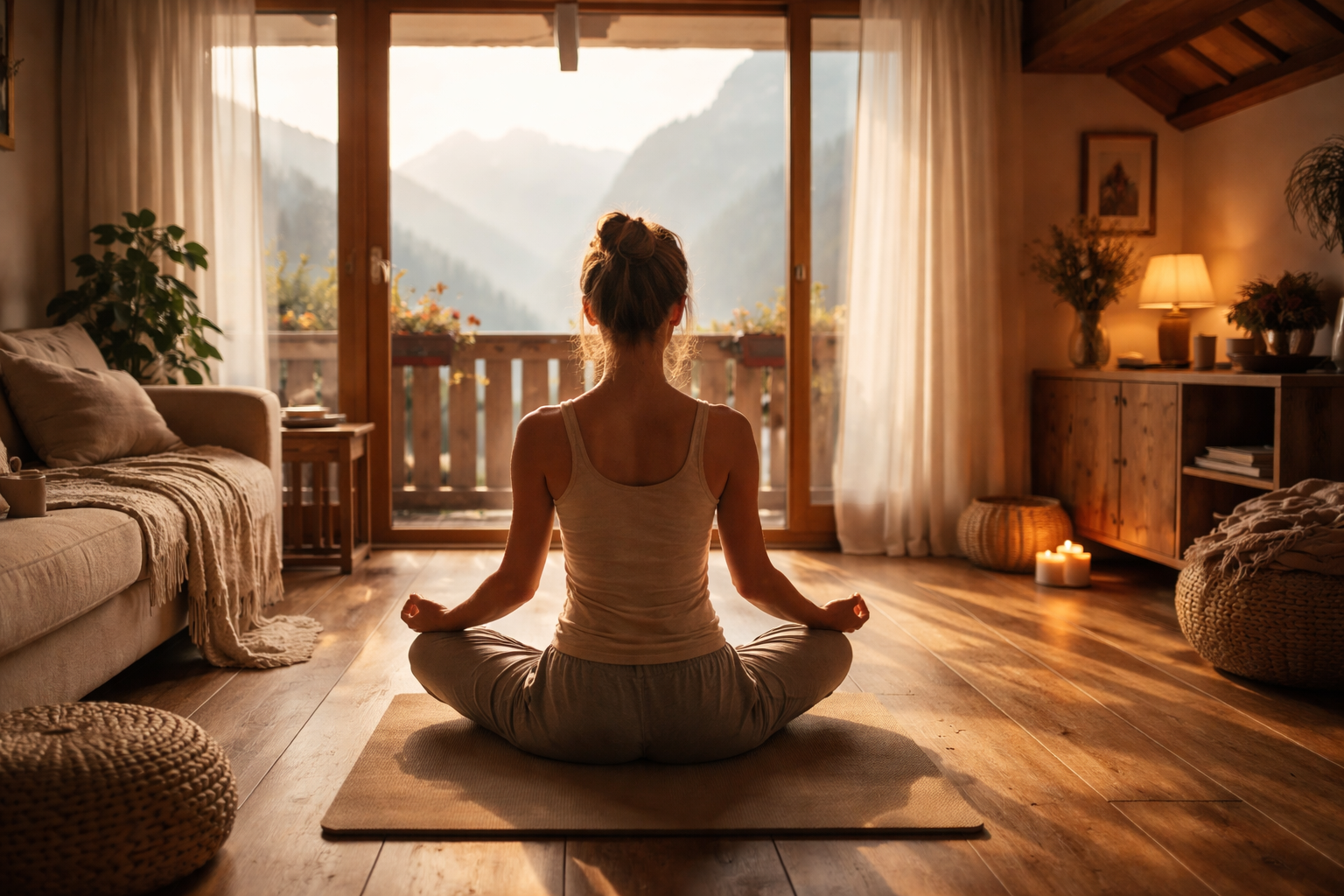 Person meditiert auf Yogamatte im frühen Morgenlicht in einer österreichischen Wohnung
