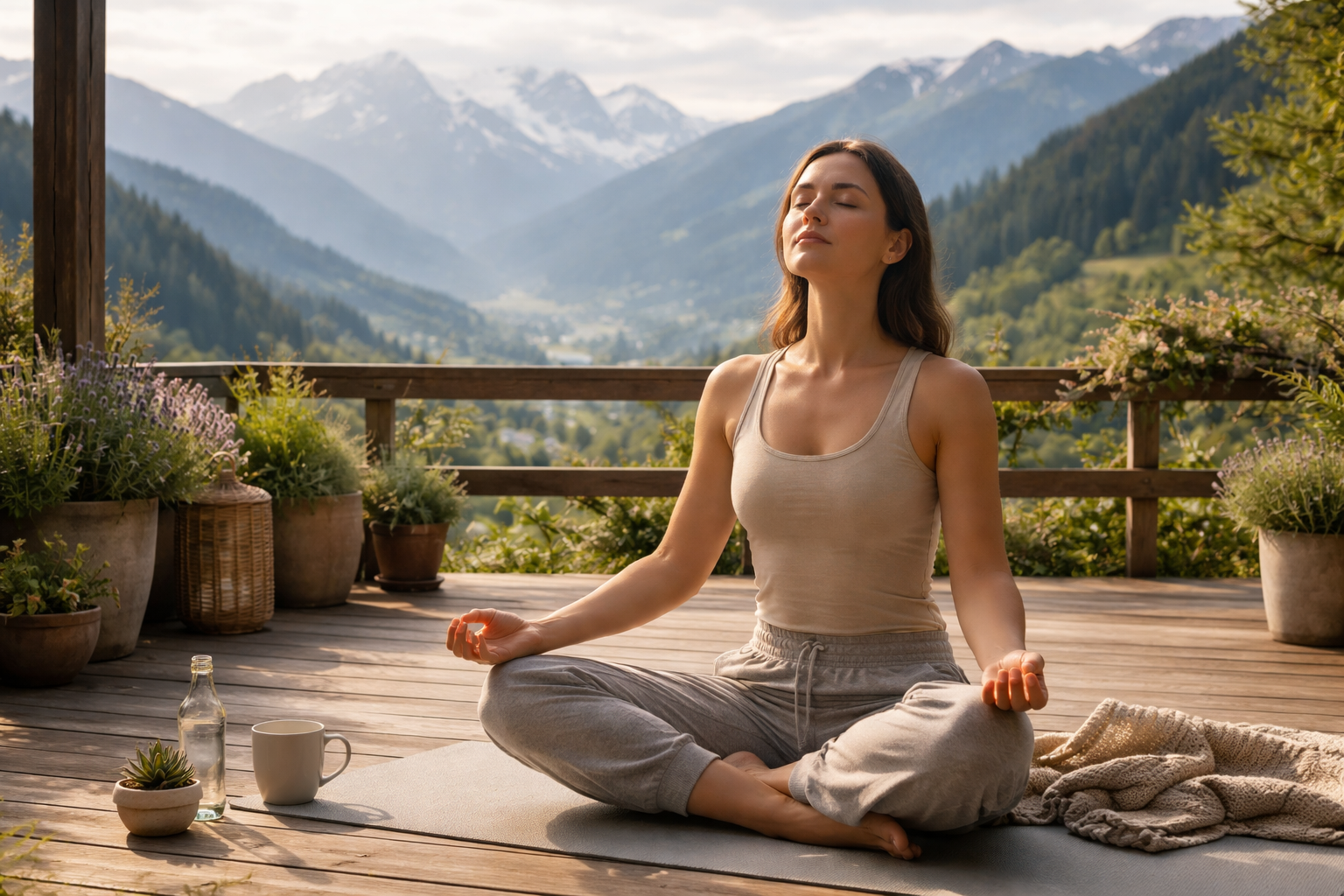Frau macht Atemübungen auf einer Terrasse mit österreichischem Bergblick am Morgen